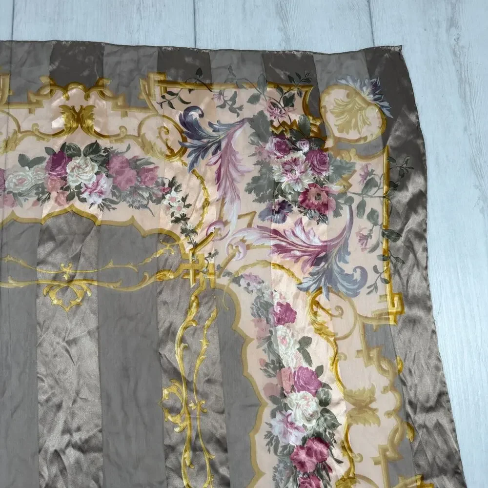 VALENTINO Brown Golden Striped Silk w/ logo Floral Print Vintage Scarf 33x34